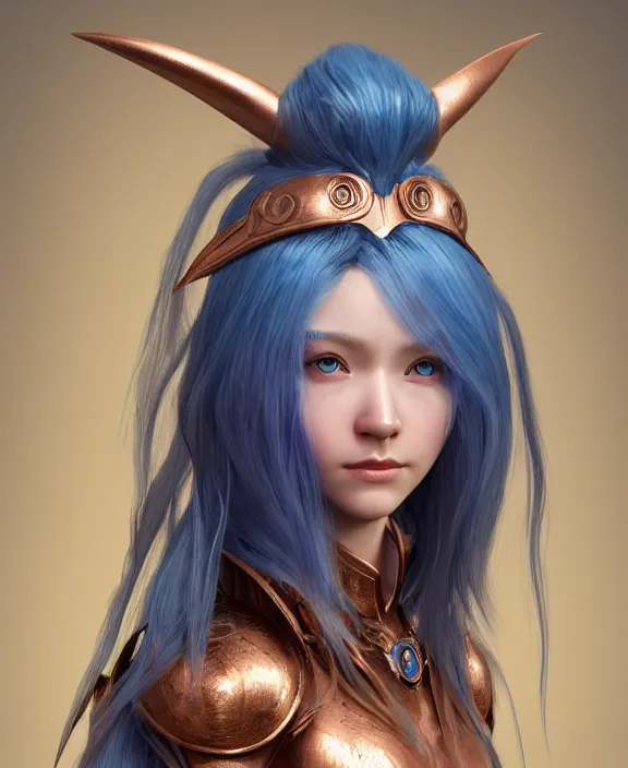 Image similar to a beautiful and highly detailed digital portrait of a dignified elf with long blue hair in rose gold armor by jia ruan, clint cearley, and karol bak, centered, artsation contest winner, cgsociety, fantasy art, cryengine, concept art, photorealism, daz 3 d, sketchfab, zbrush, vray