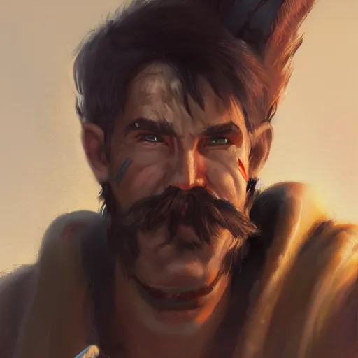 Image similar to portrait old barbarian warrior with trucker mustache and short hair, 8 k, trending on art station, by tooth wu and greg rutkowski