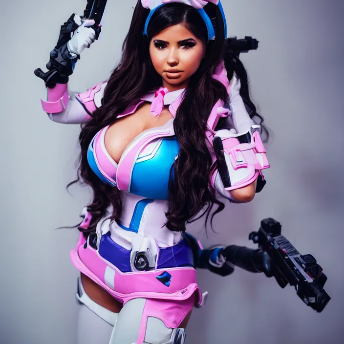Prompt: portrait of demi rose cosplaying d. va from video game overwatch, by charlotte grimm, natural light, detailed face, canon eos c 3 0 0, ƒ 1. 8, 3 5 mm, 8 k, medium - format print
