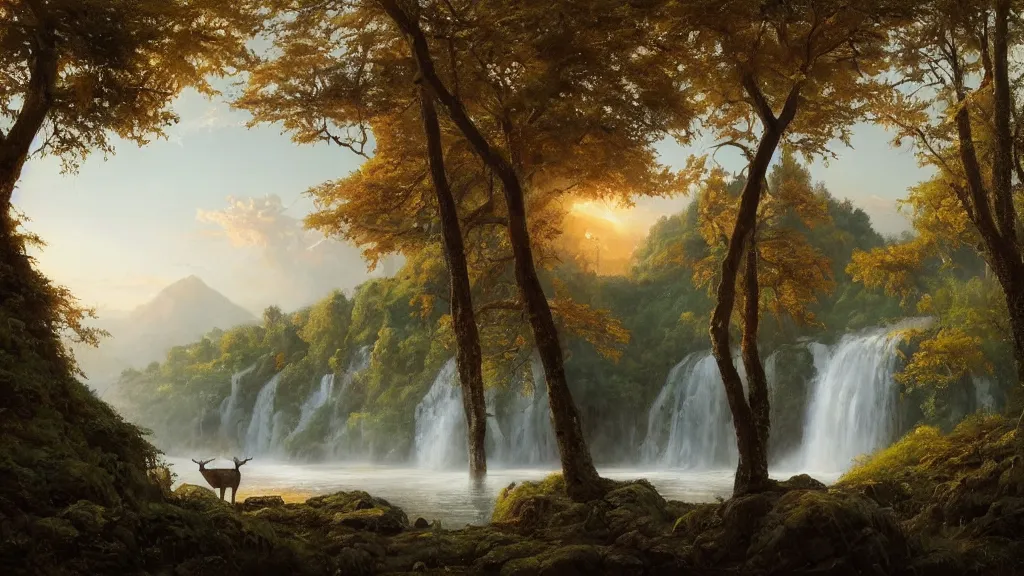 Image similar to the most beautiful panoramic landscape, oil painting, where a giant dreamy waterfall creates a river, the trees around are starting to bloom in a great variety of colors, a majestic deer is drinking water from the river and a ray light of the sunset is brightening him, by greg rutkowski