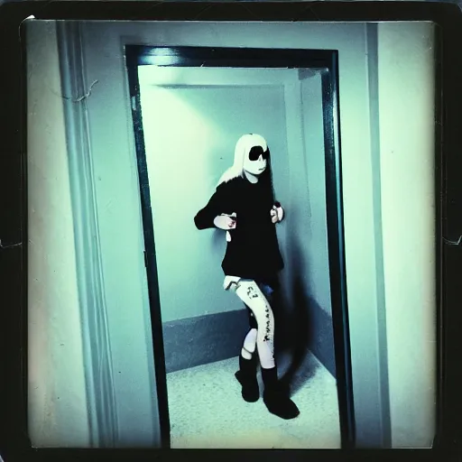 Prompt: A creepy polaroid photo of Billie Eilish chasing you down a hallway