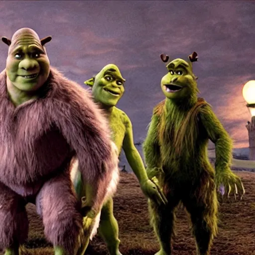 Image similar to film still of Shrek as a werewolf in American Werewolf in London