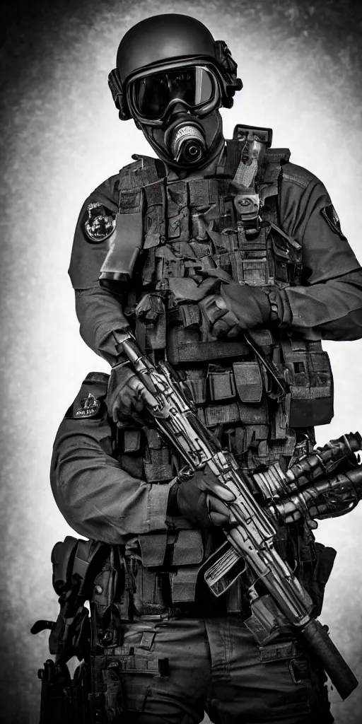 Image similar to portrait of a swat agent with a tactical helmet and goggles holding a machine gun, his head is burning , at night, mid shot, editorial photography