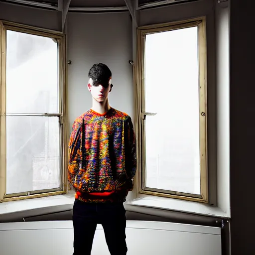 Image similar to un ultra high definition fashion editorial photographic portrait of a young man standing in their unique london art studio wearing all eclectic clothes watching the sun rising through large window. wide angle. three point light. extremely detailed. golden hour, golden ratio, ray tracing, volumetric light, shallow depth of field.