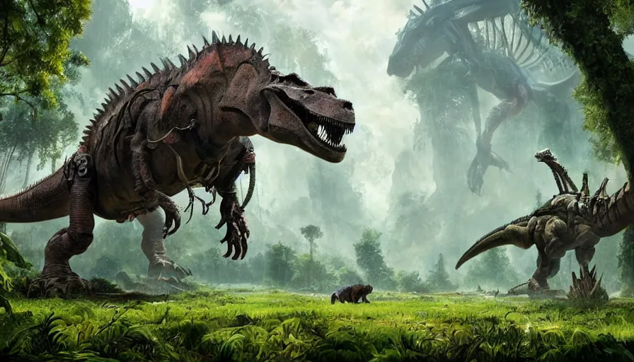 Image similar to A machinated dinosaur hybrid of a BEHEMOTH strolling along a lush green forest from the playstation 5 game Horizon:Zero Dawn world, the T-Rex is part machine part dinosaur, sci-fi concept art, highly detailed, oil on canvas by James Gurney