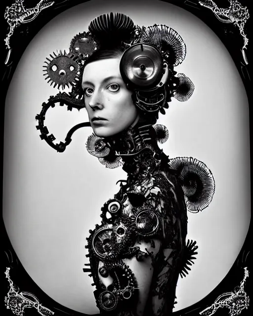 Prompt: surreal black and white tintype photo portrait of complex bio-mechanical beautiful young female vegetal-cyborg with a Mandelbrot fractal steampunk metal fine lace face, a very long neck and a fine metal floral foliage super big lace collar by Alexander McQueen:: smoke, high fashion, haute couture, rococo, steampunk, silver filigree details, anatomical, facial muscles, cable wires, microchip, elegant, dreamy, foggy atmosphere, hyper realistic, 150 mm lens, soft rim light, octane render, unreal engine, picture was taken in 1910 by Man Ray, volumetric lighting, dramatic light,8k,