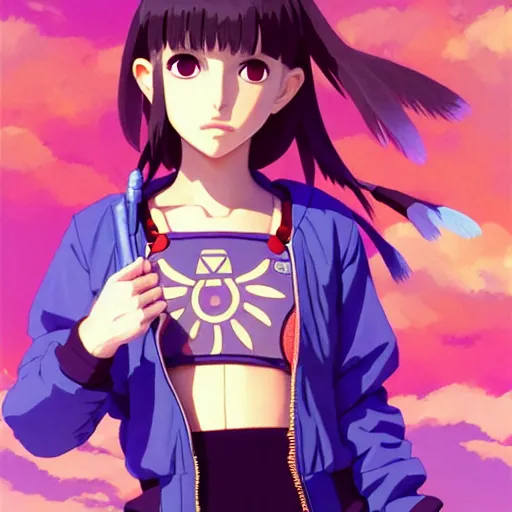 Image similar to beautiful boyish natalie portman gravure model in majora's mask, wearing big mayan bomber jacket with overalls and leotard, big bomber jacket with subtle mayan patterns, aztec bathing suit, gapmoe yandere grimdark, trending on pixiv fanbox, painted by greg rutkowski makoto shinkai takashi takeuchi studio ghibli, akihiko yoshida