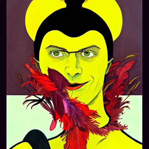 Image similar to art by joshua middleton, the yellow creeper, a tall manically smiling yellow - skinned man with green and black striped cycling shorts and wearing a long red feather boa, yellow makeup, mucha, kandinsky, poster, comic art, stylised design