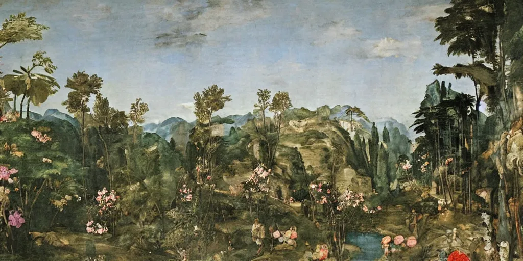 Prompt: a Titian painting of a landscape in chengdu decorated with flowers