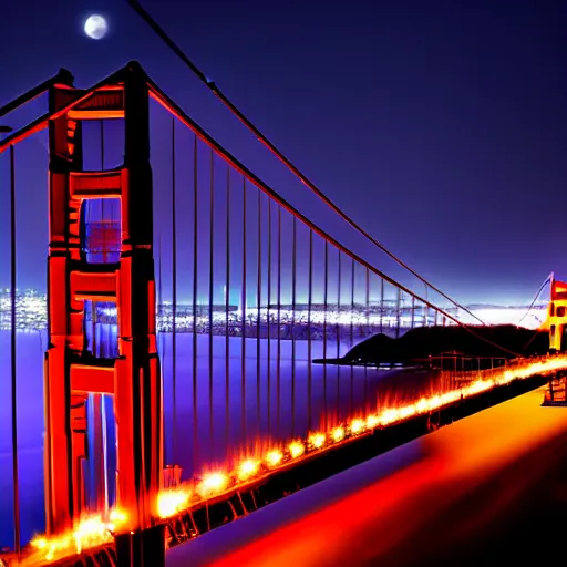 Prompt: photo of Golden Gate bridge at night full moon city lights background