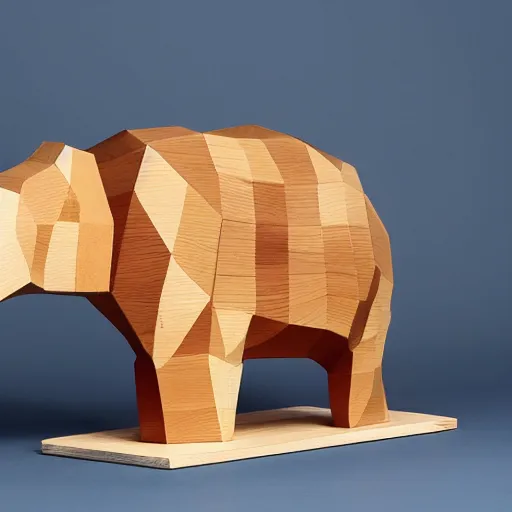 Prompt: a minimalist curvy shaped sculpture of hippopotamus!, ( ( wood ) ) and ( ( blue epoxy ) ) on top mix, cubic blocks stripes cuts, side view profile centered, studio, design, object, reddit