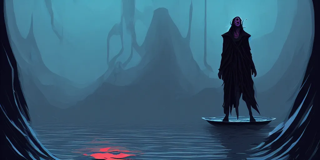 Image similar to Charon the ferryman of Hades, by Petros Afshar, dramatic lighting, high contrast colors, panoramic view, as trending on Artstation,