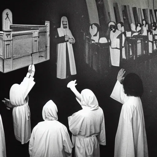 Prompt: alien in clerical robes dousing parishioners with holy water, top secret style, realistic photo, 1 9 7 0 s, color