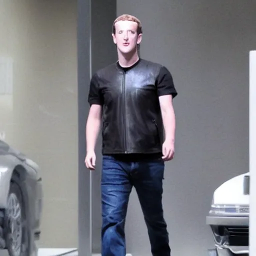 Prompt: Mark Zuckerberg plays Terminator, wearing leather jacket, red eye, VFX film