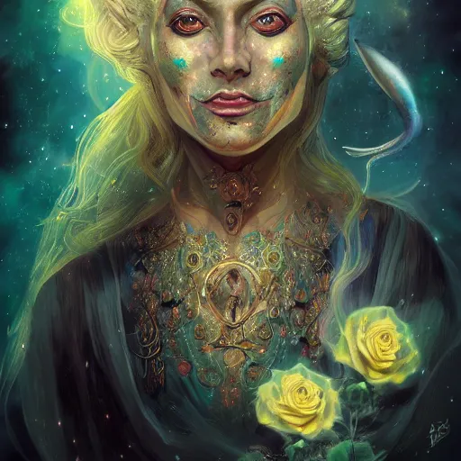 Prompt: Very very very very highly detailed mystic, enigmatic, strange portrait with galaxy, roses, shark's teeth by Mozart, intricate, extremely detailed, digital painting, artstation, concept art, smooth, sharp focus, illustration, intimidating lighting, incredible art,