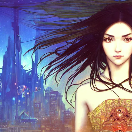 Prompt: portrait of a woman, long black hair, in front of a sci fi cityscape, by tetsuya nomura and annie swynnerton, makoto shinkai, alphonse mucha, detailed, cinematic, wide angle, dark sepia toned shading, luminescent eyes, detailed face, expressive eyes, blue fire everywhere, trending on artstation.