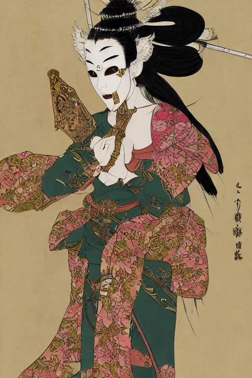 Prompt: full - bodied portrait, female changeling in floral - patterned eastern light armor, wielding a decorated halberd, barefoot in sandals, noh theatre mask, mischievous, capricious, energetic, provocative, seductive, realistic proportions, reasonable fantasy, many colors, detailed, in the style of ghostblade, wlop.