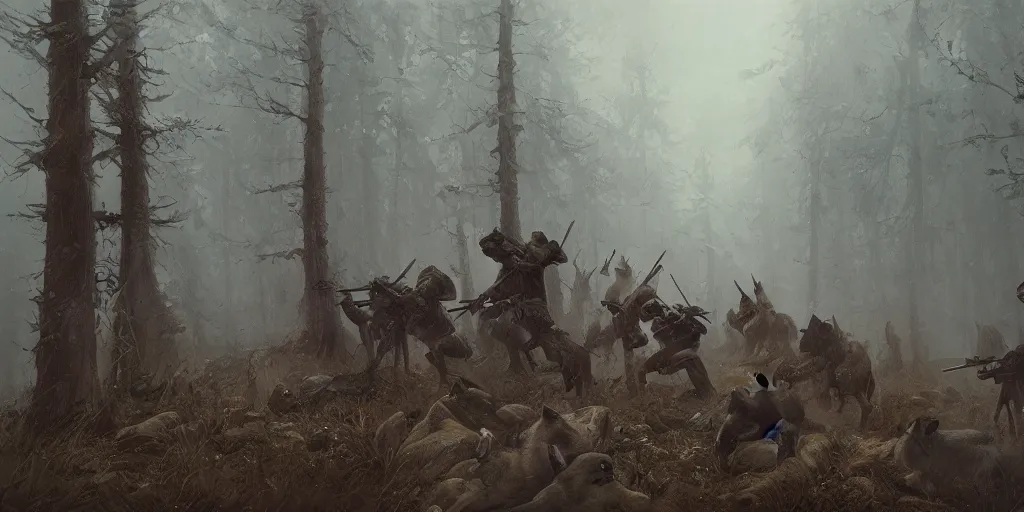 Prompt: a painting of a group of medieval villagers with rifles being attacked by 3 big wolves in a foggy dense forest by greg rutkowski, dark fantasy art, high detail, trending on artstation