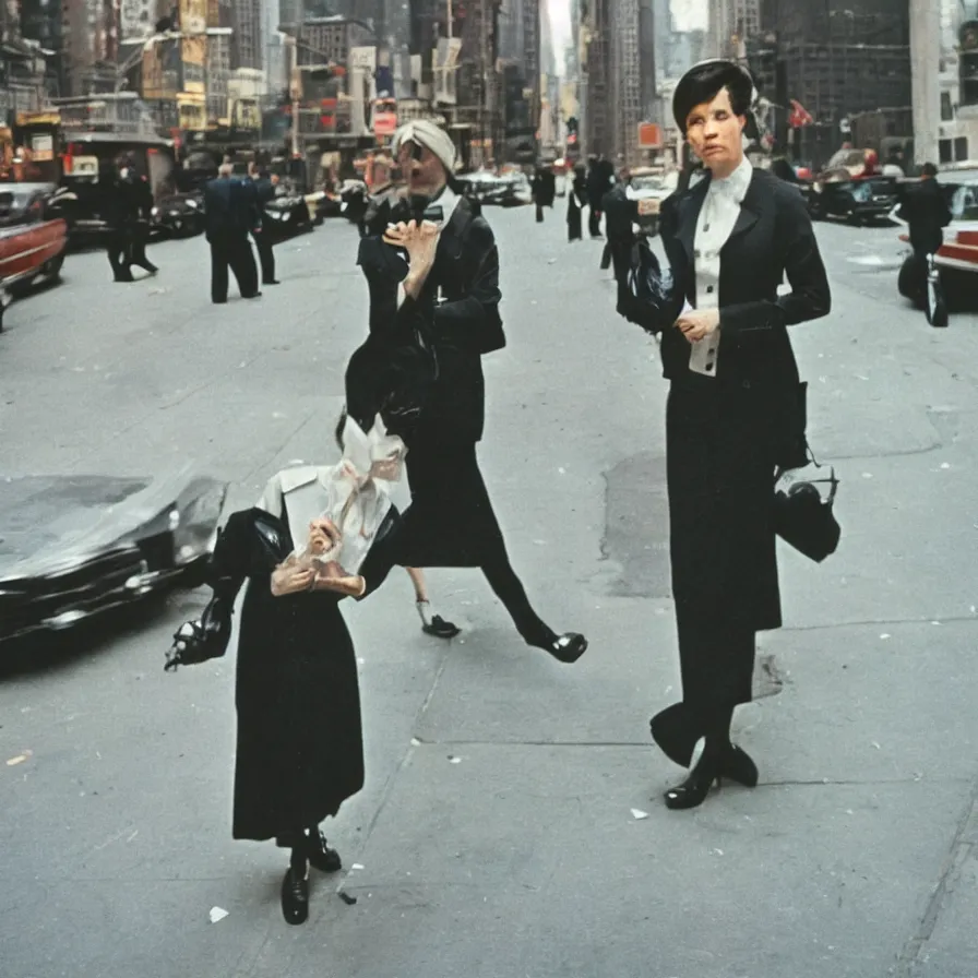 Prompt: portrait of a woman in a suit in the streets of new york, 1 9 6 0 s, colour film street photography, photo taken with ektachrome, featured on flickr, photographed on damaged film