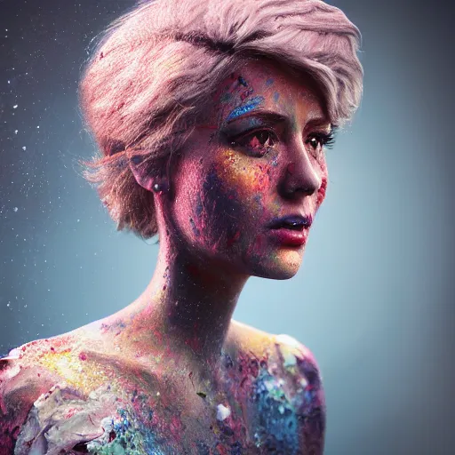 Prompt: women portrait made out of exploding paint, short hair, octane render, highly detailed, realistic, tim burton and bob ross comic book art, matte painting, holographic