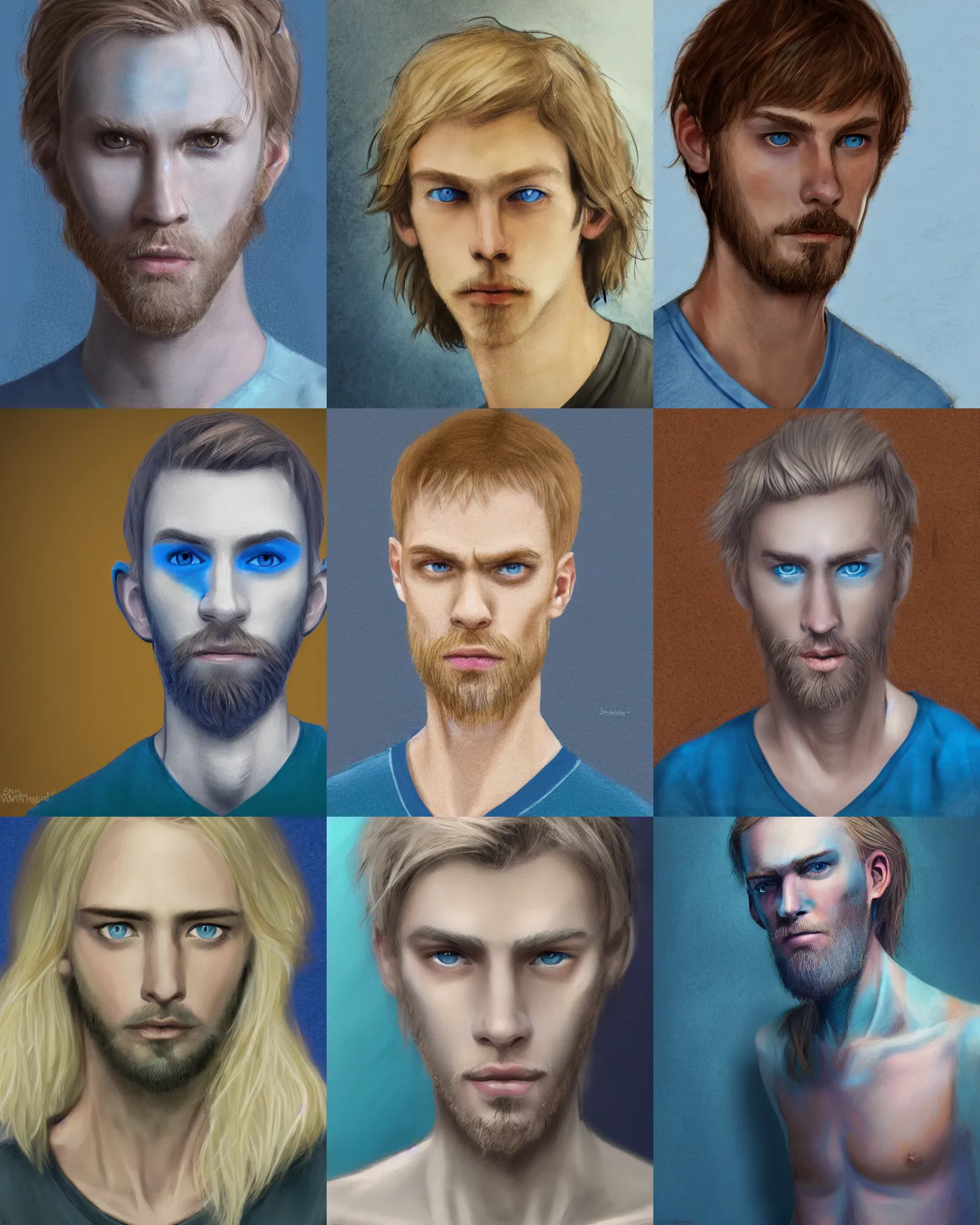 Prompt: digital pastel portrait of a skinny white male, slightly longer blond hair and a light stubble beard, wearing a blue vneck shirt, blue eyes, rugged, teenage, dnd, fantasy, wizard, trending artstation, dungeons & dragons, neutral expression, wooden background, award winning dark lighting, realistic, close up