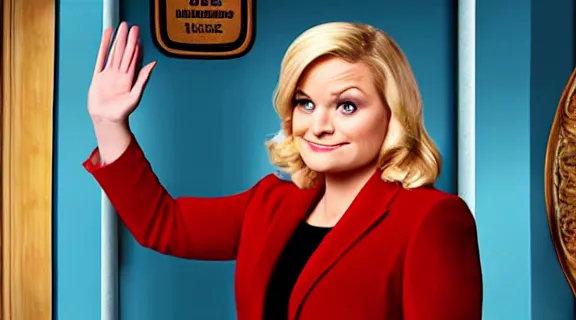 Image similar to leslie knope from the tv show parks and recreation waving goodbye