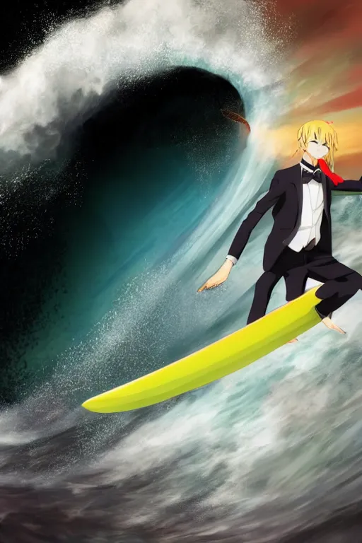 Image similar to anime guy in formal suit surfing through a wormhole using a high technology surfboard, wlop, trending on artstation, deviantart, anime key visual, official media, professional art, 8 k uhd