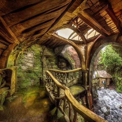 Image similar to inside a medieval hobbit home, ornate, beautiful, atmosphere, vibe, mist, smoke, chimney, rain, wet, pristine, puddles, waterfall, melting, snow, creek, lush, ice, bridge, forest, flowers, james jean