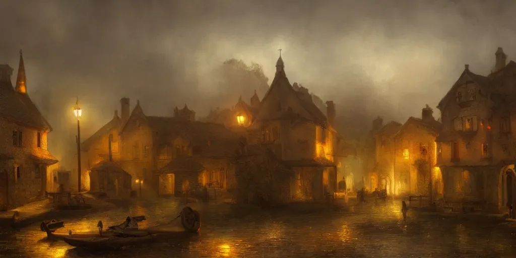 Image similar to Highly detailed and cinematic Romantic period oil painting of a medieval village, fog, volumetric lighting, an oil painting ((masterpiece)) by ((Josep Tapiró Baró)), dynamic lighting, 8K