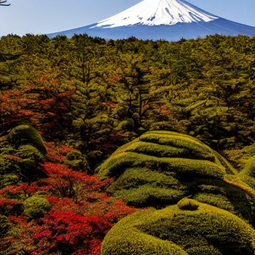 Prompt: a photo of mt fuji taken from the bottom of the mountain, wide angle lens, cinematic,