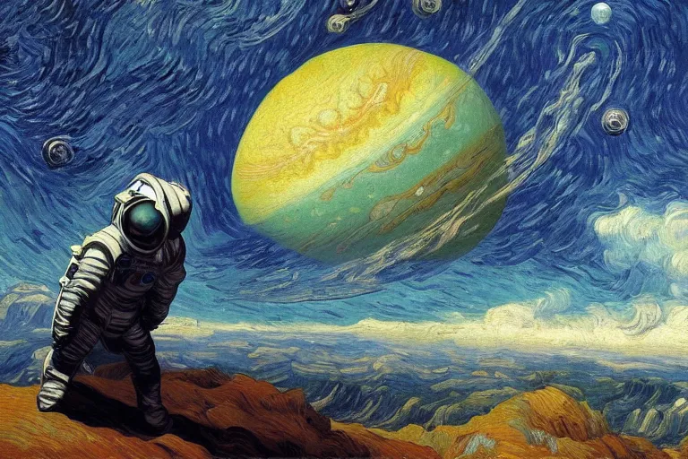 Prompt: an astronaut view from Jupiter, beautiful, national geographic, very detailed, astrophotography, oil painting, canvas, Vincent van Gogh, Caspar David Friedrich, Albert Bierstadt