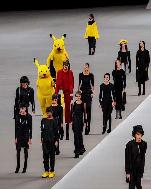 Image similar to hyperrealistic and heavy detailed 2321s Yeezy runway show of Pikachu , Leica SL2 50mm, vivid color, high quality, high textured