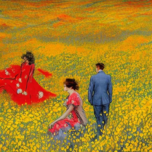 Prompt: two people in red desert captured by massive intricate mystical roots of in a sea of yellow flowers, surrounded by swirls of prickly flowers, dramatic, highly detailed, intricate, surreal, painting by Franz Marc, part by Yoji Shinkawa, part by Norman Rockwell