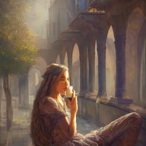 Prompt: a huge fantasy courtyard, a young pretty woman with long hair sits with a coffee, golden morning light, dramatic light, happy cozy feelings, oil painting trending on artstation