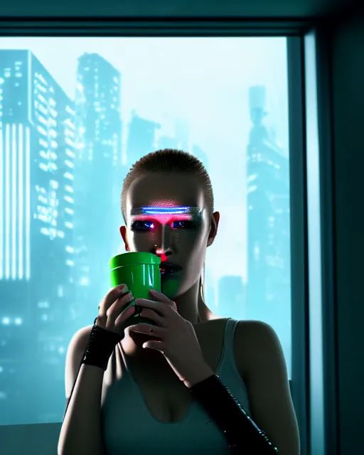 Image similar to a terminator cyborg lady with borg implants and a young human face is drinking coffee near a window with dystopian city visible outside. tiny green led lights in her cybernetics. very detailed 8 k. horror cyberpunk style.