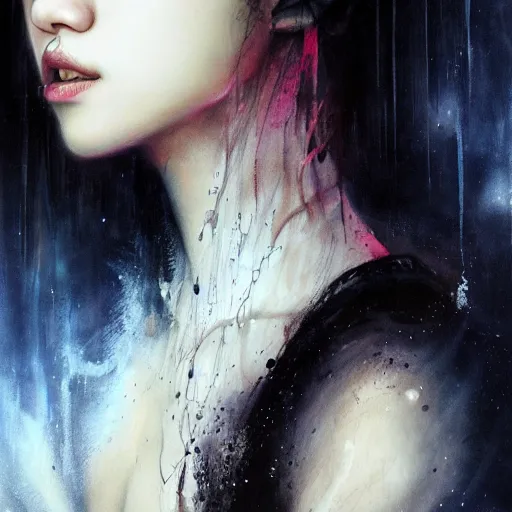 Image similar to jisoo of blackpink, snake, hyperrealistic portrait, bladerunner street, by karol bak and agnes cecile, album cover, fantasy art, photo realistic, dynamic lighting, artstation, poster, volumetric lighting, very detailed face, 8 k, award winning