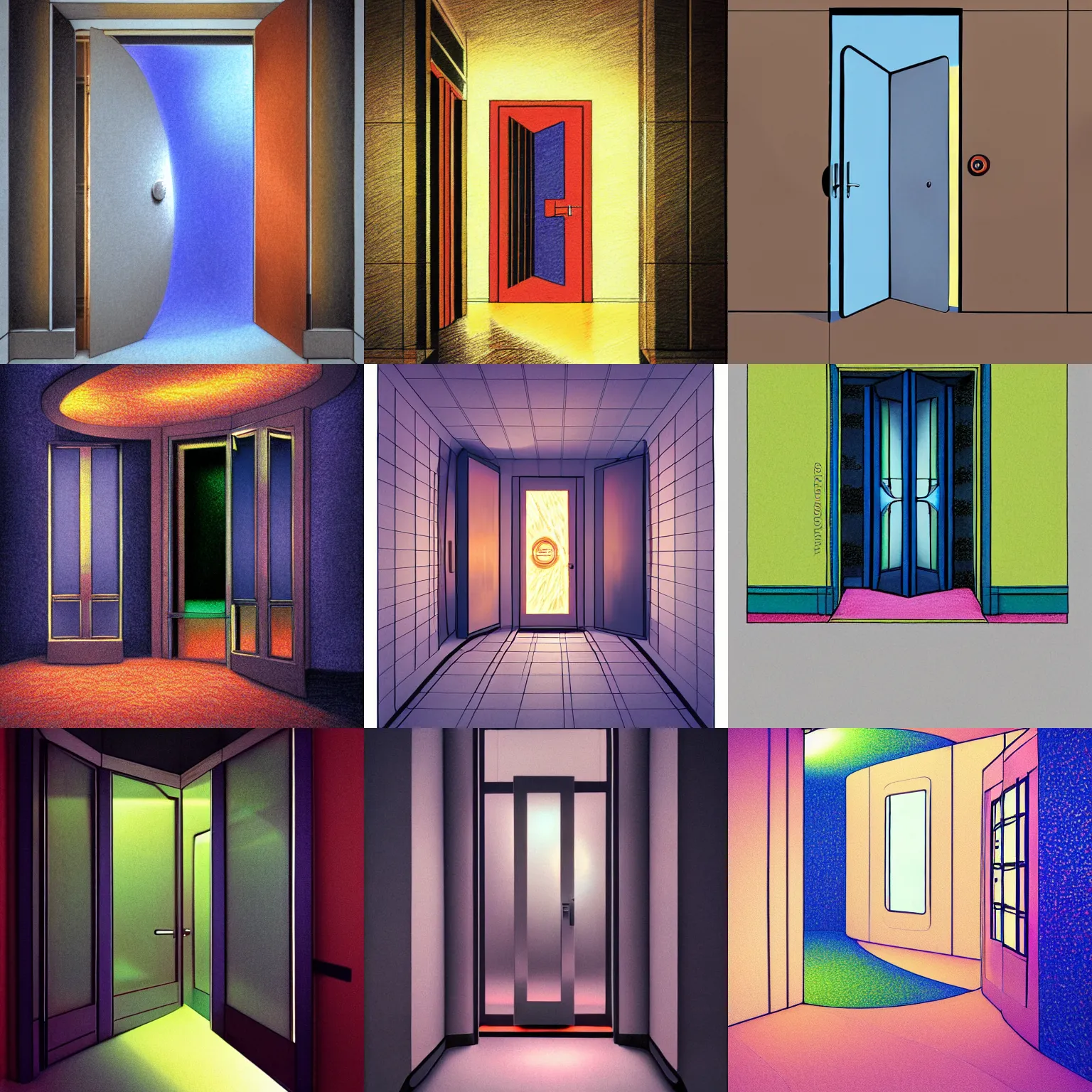 Prompt: !revolving door! to the far reaches of the universe, colored pencils, v-ray render, ambient lighting, sketchbook, vibrant hues, moody, somber, realistic, ray tracing
