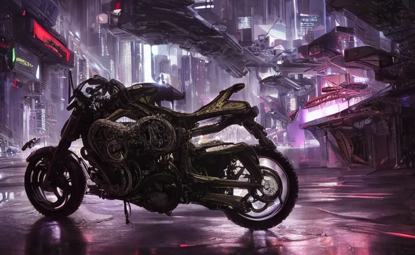 Image similar to Cyberpunk yamaha motorcycle, hyperrealistic mixed media, stunning 3d render inspired art by P. Craig Russell and Barry Windsor-Smith + perfect facial symmetry + dim volumetric lighting, 8k octane beautifully detailed render, post-processing, extremely hyperdetailed, intricate futuristic mechanic parts, epic composition, grim yet sparkling atmosphere, cinematic lighting + masterpiece, trending on artstation