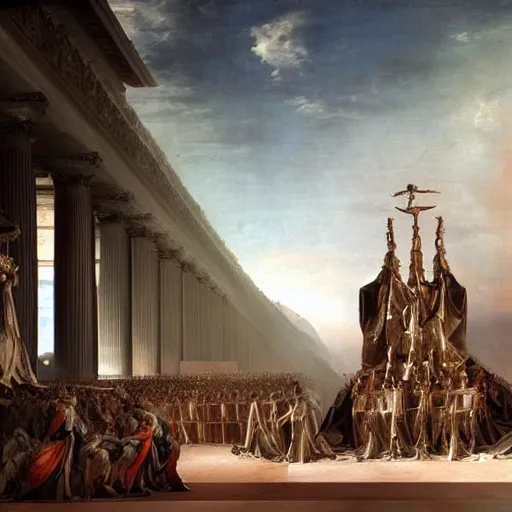 Prompt: sci fi car transport design organic smooth elastic forms 30% of canvas; wall structure on the coronation of napoleon painting 40% of canvas; by Jacques-Louis David, pinterest keyshot product render, cloudy plastic ceramic material shiny gloss water reflections, ultra high detail ultra realism, 4k