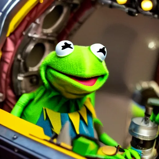 Image similar to a highly detailed portrait of Kermit the frog piloting a spaceship, lots of displays, dramatic lighting, realistic 8k photography