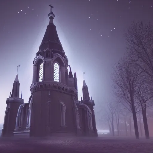 Image similar to victorian church in the middle of the city, dark, misty, at night, 8 k, detailed, concept art, trending on artstation