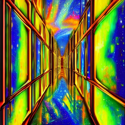 Prompt: a extremely high quality hd detailed ultra-realistic photorealistic surrealism painting of neon cast glass cubism hallway melting into a warm picasso galaxy landscape by dali and zaha hadid, vivid colors, complimentary colors, melting sun, melting 4d cubes, hallway landscape, 8k, hd, high quality, high contrast