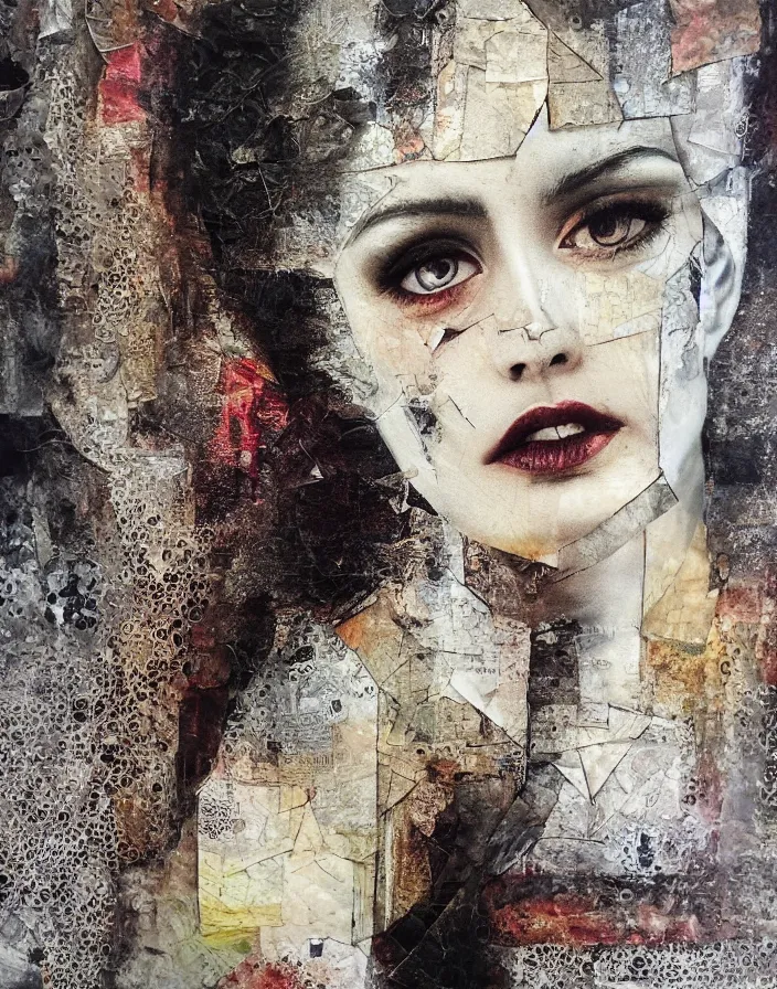 Prompt: mysterious embracing aura of sophisticated face detailed analogue mixed media collage with canvas texture in style of contemporary art, punk art, hyperrealistic beautiful face, photorealistic, expressionism, masterpiece, perfect composition, spectacular quality, intricate oil details, torn paper edges, glass