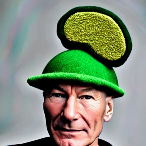 Image similar to patrick stewart, as captain jean - luc picard of the starship enterprise, avocado hat