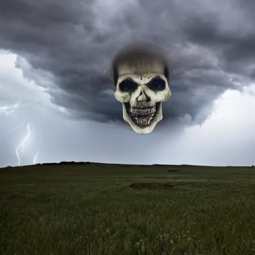 Image similar to skull in the sky made out of clouds, thunder, dramatic lighting