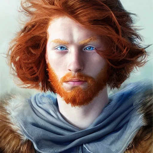 Image similar to 2 4 - year - old man, masculine face, ginger hair, sapphire blue eyes, hyper realistic face, beautiful eyes, highly detailed, digital painting, smooth, sharp, beautiful face, expressive eyes, long fluffy wavy ginger hair, art by greg rutkowski and alex gray