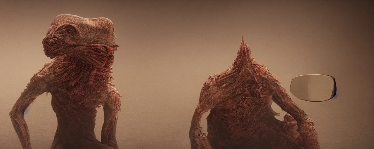 Image similar to a strange creature sits in the home room, film still from the movie directed by Denis Villeneuve with art direction by Zdzisław Beksiński, close up, telephoto lens, shallow depth of field, beautiful detailed intricate insanely detailed octane render, 8K artistic photography, photorealistic