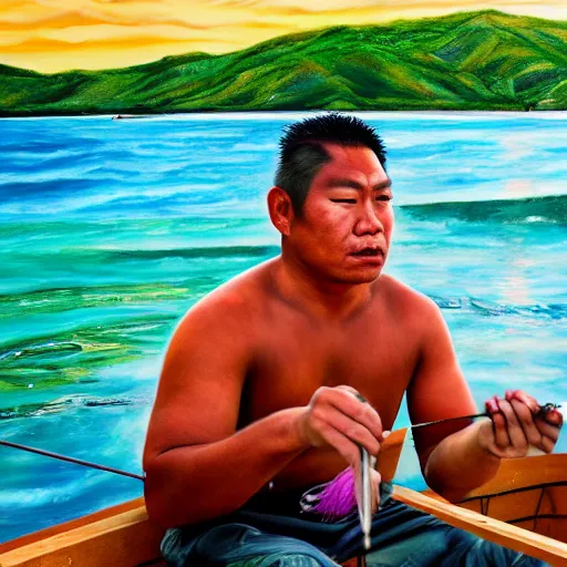 Image similar to a pacific islander warrior on a boat painting, 4 k, hyper realistic, dslr, high resolution, landscape, beautiful