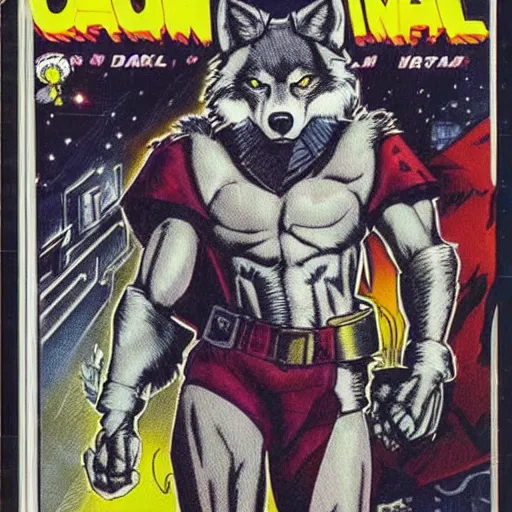 Image similar to 1 9 8 0 s comic book cover scan featuring a portrait of villain male wolf o'donnell anthropomorphic wolf furry fursona from starfox wearing a dark space mercenary uniform, dark grey wolf, handsome eyes, wolf o'donnell