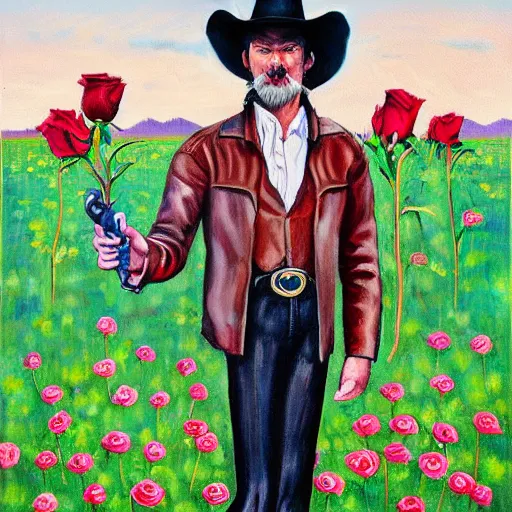 Prompt: a painting of a tall man with blue eyes that is wearing a cowboy hat and a leather vest. He is holding a revolver in his left hand and a rose is in his right hand. He is standing in a field of roses.